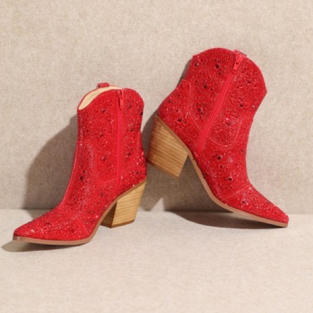 MIIM ANGEL Rose Gold Rhinestone Embellished Ankle Western Heeled Cowboy Boots - Picture 7 of 7